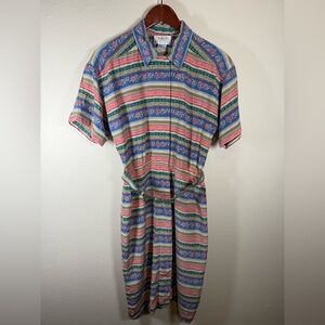 Vintage TALBOTS PETITES PURE silk STRIPED FLORAL BUTTONED Dress Size 8 w/ belt